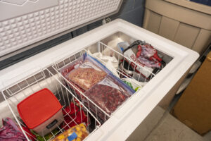 Inside of Dianne's chest freezer. Contents are labeled and organized by year