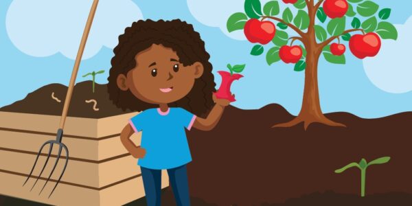 Illustration of a girl in a field holding an apple core. A compost bin and apple tree are in the background
