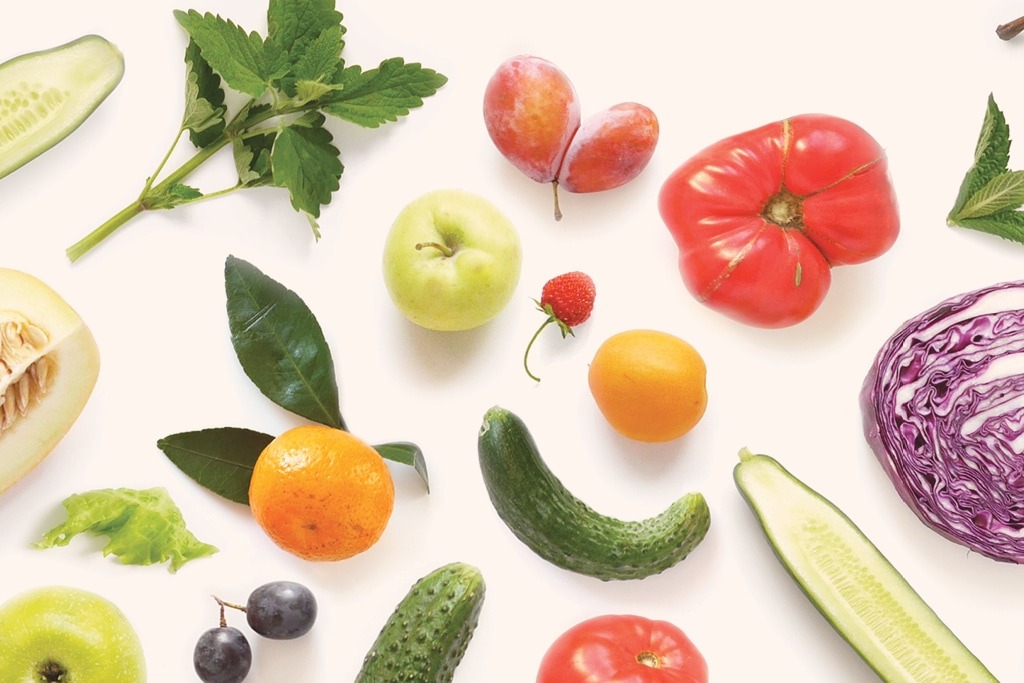 Collage of fresh fruits and vegetables