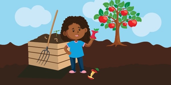 Illustration of a gardener holding an apple core