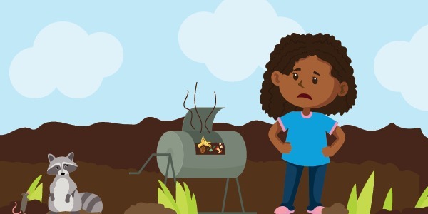 Illustration of a girl standing next to a composting bin