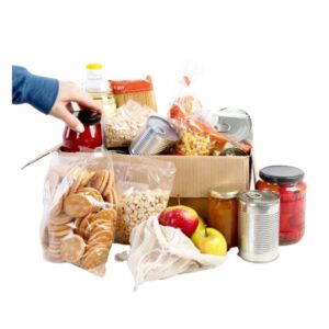 Hand reaching into a box of food donations