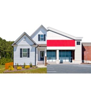 Spli image of a house and storefront